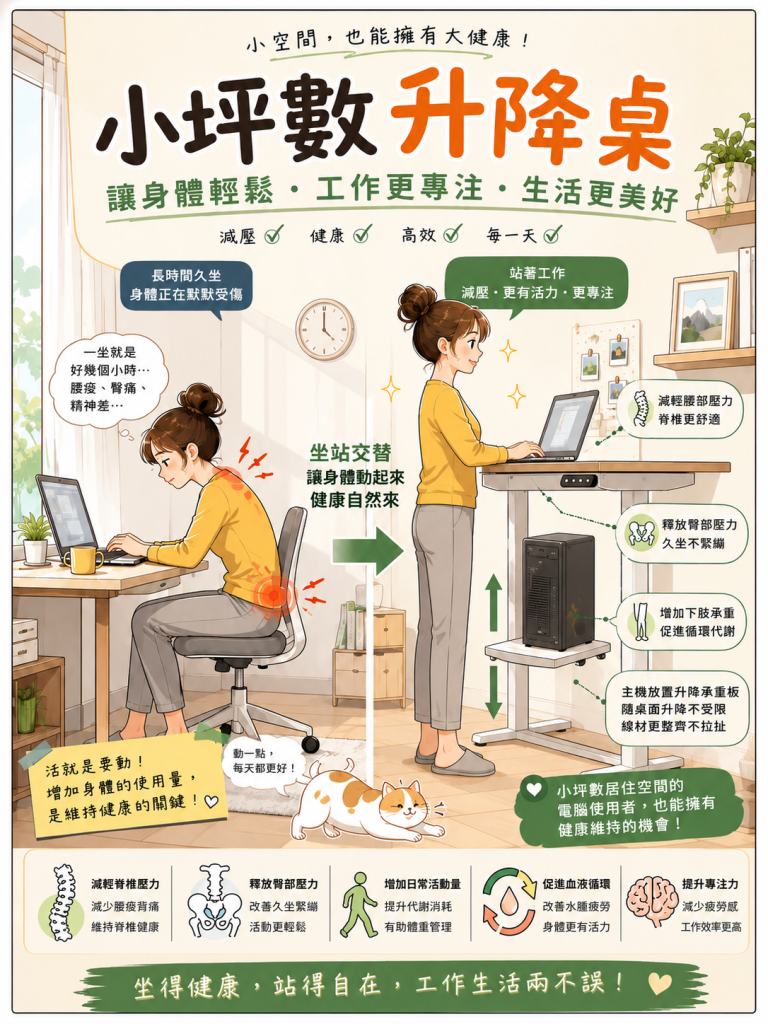 小坪數也能使用升降桌｜久坐腰痛、減壓脊椎，打造更健康的居家工作空間